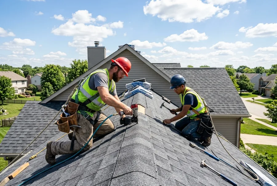Roof & Nail roofing crew installing architectural shingles in Coldwater